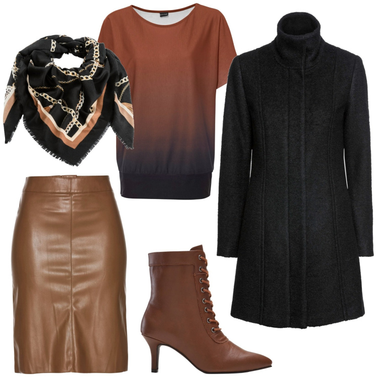 Outfit donna - Col foulard. Stile Rock per Serata fuori. Abbinamento con gonne longuette, cappotti, maglieria, stivaletti, foulard.