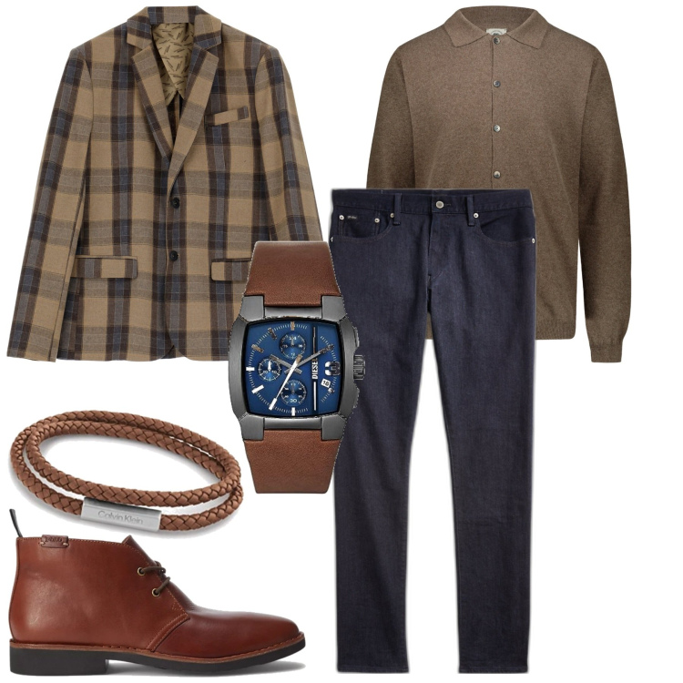 Outfit uomo - Versatile con la giacca. Stile Trendy per Ufficio. Abbinamento con cappotti, stivali e stivaletti, jeans, polo, braccialetti, orologi.