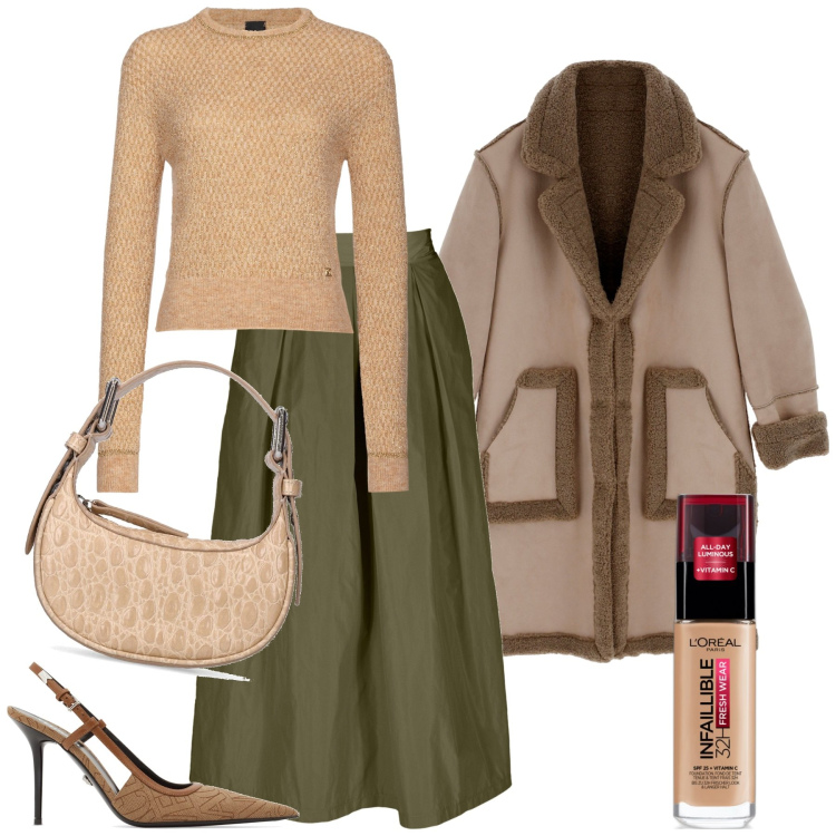 Outfit donna - Così. Stile Casual per Tutti i giorni. Abbinamento con fondotinta, pullovers, cappotti, gonne, décolleté, borse a spalla.