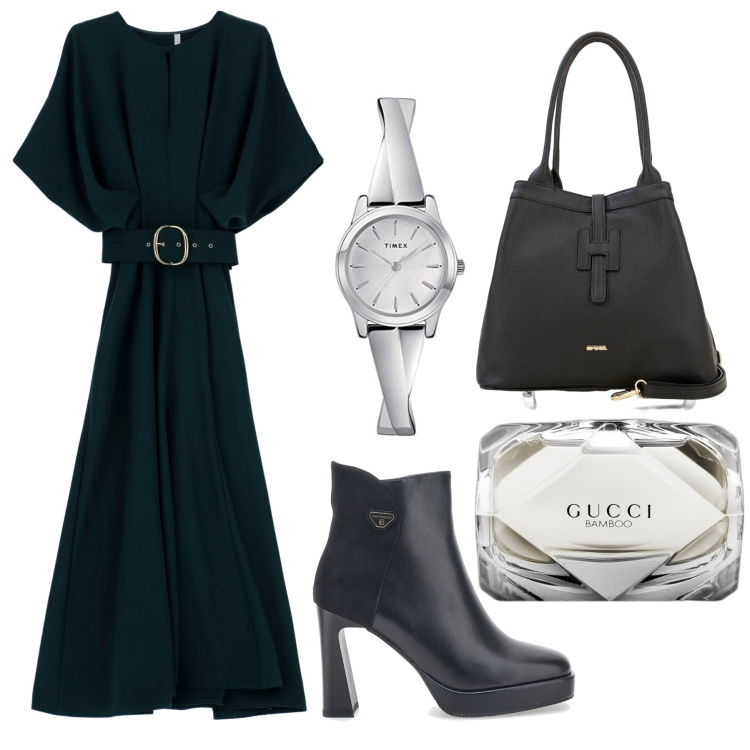 Outfit donna - Gennaio col vestitino. Stile Bon Ton per Ufficio. Abbinamento con profumi, vestiti midi/longuette, borse a secchiello, stivaletti, orologi analogici.