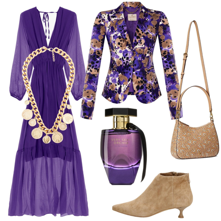 Outfit donna - Festa. Stile Glamour per Serata fuori. Abbinamento con profumi, cappotti, vestiti lunghi, stivaletti, collane, borse a spalla.