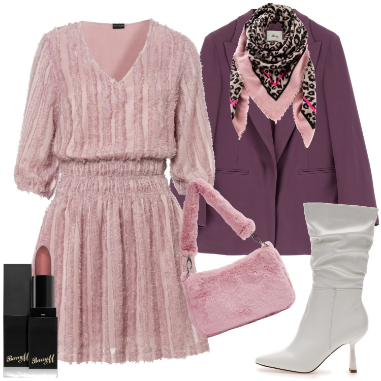 Outfit donna - Giornate stilish/Rosa antico e mirtillo. Stile Romantica per Tutti i giorni. Abbinamento con vestiti, foulard, rossetti, borse a spalla, cappotti, stivali sopra il ginocchio.