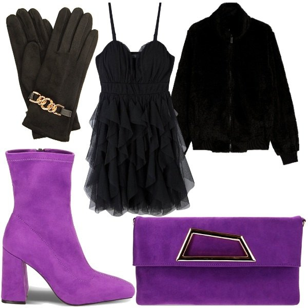 Outfit donna - Speciale saldi invernali Giacca madonna. Stile Glamour per Serata fuori. Abbinamento con vestiti corti, cappotti, stivaletti, guanti, pochette.