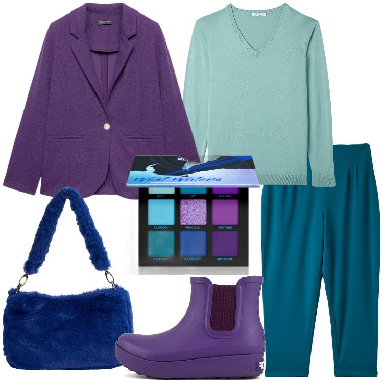 Outfit donna - In palette. Stile Basic per Tutti i giorni. Abbinamento con ombretti, pantaloni chino, maglieria, borse a spalla, stivali, blazer.