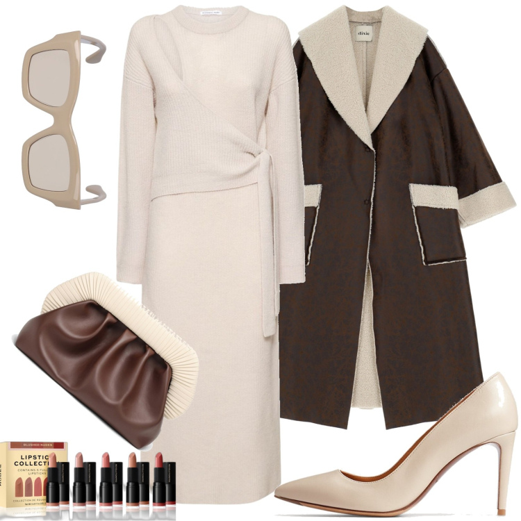 Outfit donna - Pelle e terra. Stile Chic per Tutti i giorni. Abbinamento con rossetti, cappotti, décolleté, vestiti midi/longuette, clutch, occhiali da sole.