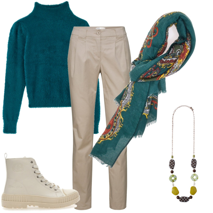 Outfit donna - Total look #1799052. Stile Casual per Tutti i giorni. Abbinamento con pantaloni chino, maglieria, stivaletti, sciarpe, collane.