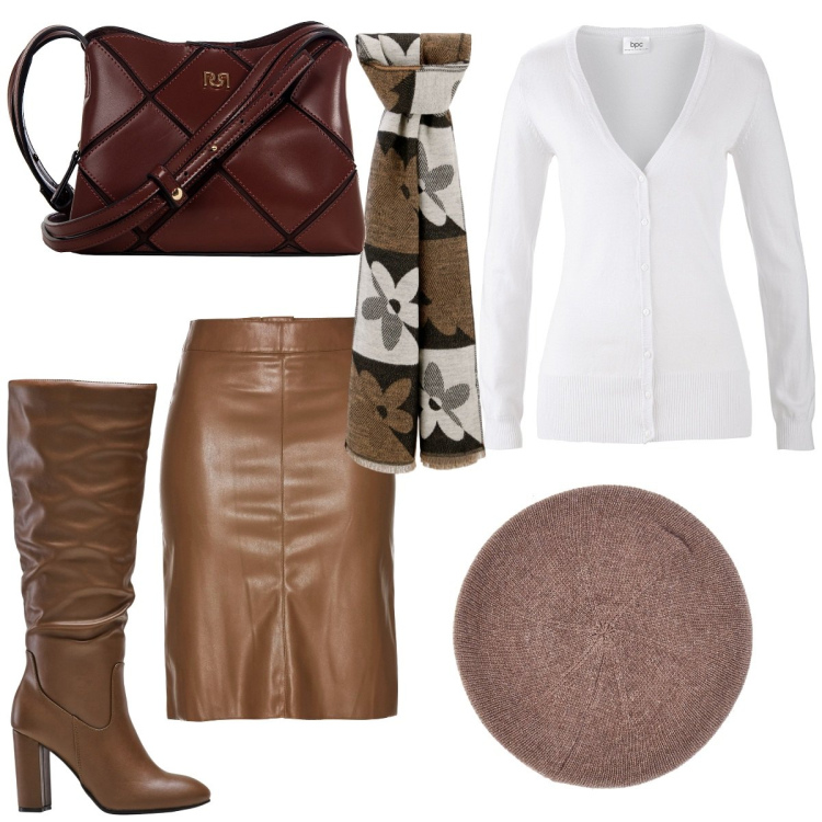 Outfit donna - La gonna ecopelle. Stile Chic per Tutti i giorni. Abbinamento con gonne longuette, cardigans, stivali sopra il ginocchio, borse a spalla, sciarpe, cappelli e berretti.