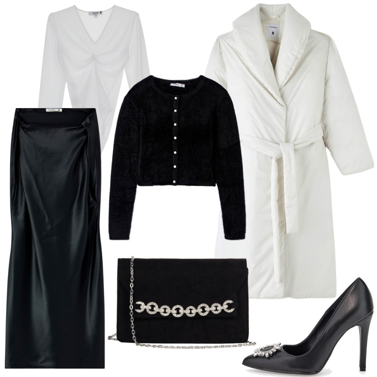 Outfit donna - Longuette nera e piumino bianco. Stile Chic per Cerimonia. Abbinamento con vestiti corti, piumini, cardigans, pochette, body, décolleté.