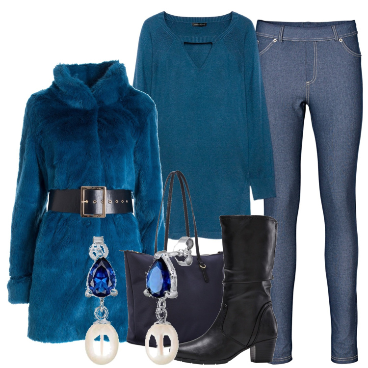 Outfit donna - Inverno - all that blue. Stile Urban per Tutti i giorni. Abbinamento con jeggings, stivali, cappotti, borse tote, maglieria, orecchini.