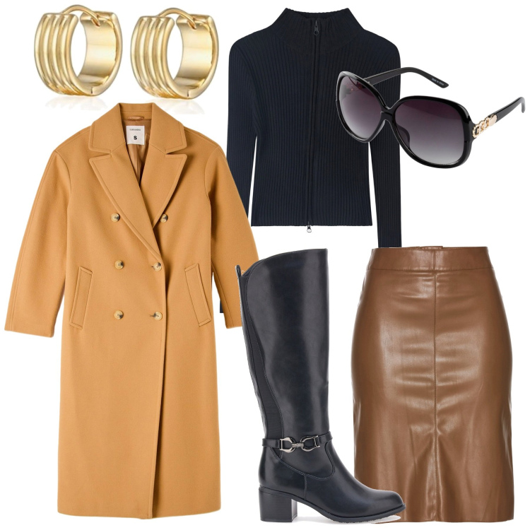 Outfit donna - Total look #1799113. Stile Bon Ton per Tutti i giorni. Abbinamento con occhiali da sole, gonne longuette, cappotti, cardigans, stivali, orecchini.