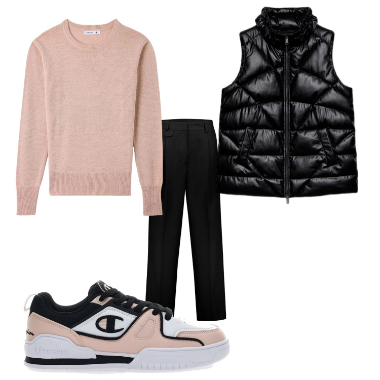 Outfit donna - Free office. Stile Casual per Ufficio. Abbinamento con maglieria, pantaloni, sneakers, piumini.