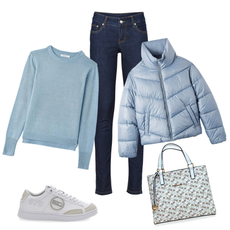 Outfit donna - Free office. Stile Casual per Tutti i giorni. Abbinamento con jeans skinny, maglieria, piumini, borse a mano, sneakers.