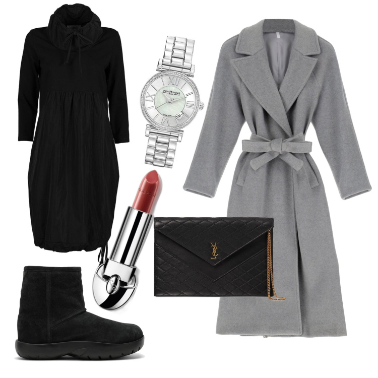 Outfit donna - Relax. Stile Casual chic per Tutti i giorni. Abbinamento con rossetti, cappotti, vestiti, pochette, orologi analogici, stivali sopra il ginocchio.