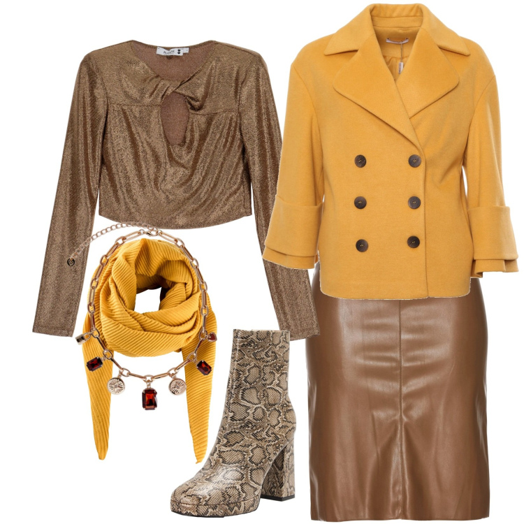 Outfit donna - Total look #1799126. Stile Casual chic per Tutti i giorni. Abbinamento con gonne longuette, foulard, stivaletti, maglieria, cappotti, collane.