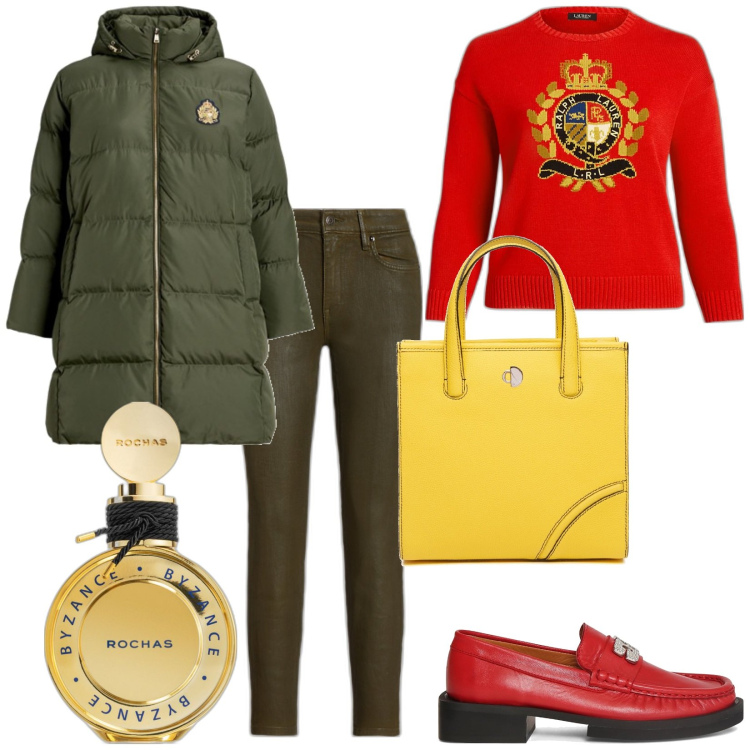 Outfit donna - Grinta. Stile Casual per Tutti i giorni. Abbinamento con profumi, piumini, jeans dritti, maglieria, mocassini, shopping bag.