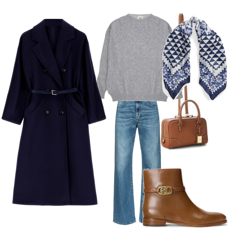 Outfit donna - Giornata indimenticabile. Stile Casual chic per Tutti i giorni. Abbinamento con jeans a zampa, cappotti, pullovers, foulard, stivaletti, borse a mano.