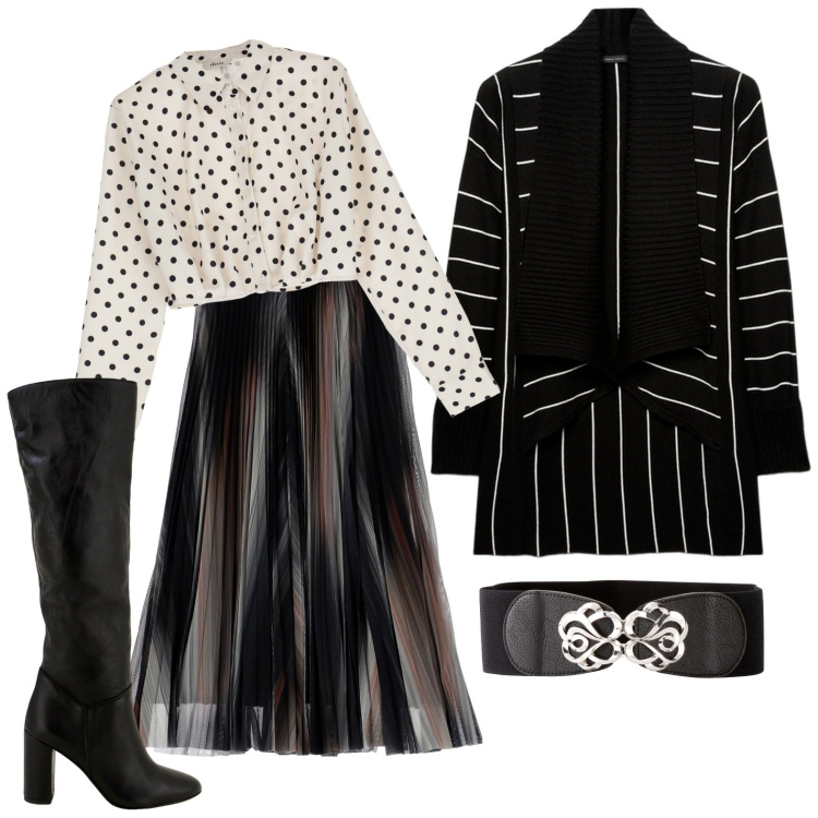 Outfit donna - Una zebra a pois. Stile Chic per Serata fuori. Abbinamento con cinture, gonne longuette, stivali, camicie, cardigans.