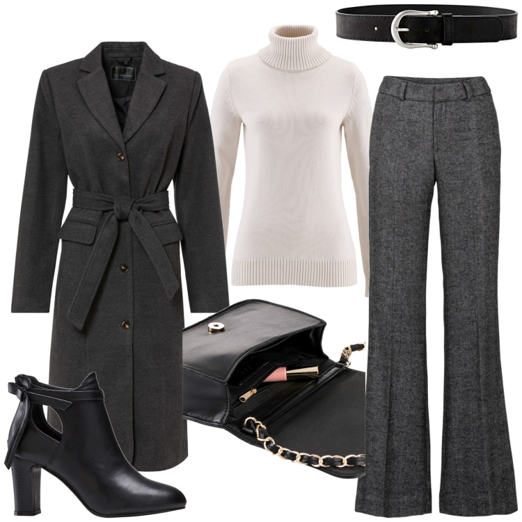 Outfit donna - Bonprix. Stile Casual chic per Serata fuori. Abbinamento con pantaloni a palazzo, borse a tracolla, cinture, cappotti, stivaletti, maglieria.