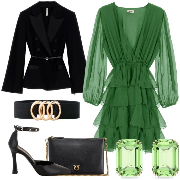 Outfit donna - Al compleanno di Mia. Stile Chic per Cerimonia. Abbinamento con cinture, borse a tracolla, blazer, décolleté, vestiti corti, orecchini.