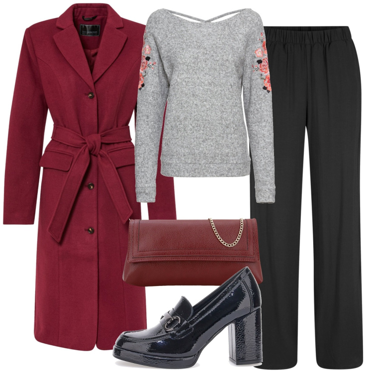 Outfit donna - Total look #1799177. Stile Casual per Ufficio. Abbinamento con pantaloni, maglieria, cappotti, pochette, mocassini.