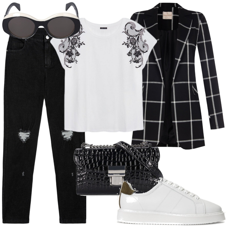 Outfit donna - Total look #1799191. Stile Trendy per Tutti i giorni. Abbinamento con cappotti, jeans skinny, sneakers, t-shirt, borse a spalla, occhiali da sole.