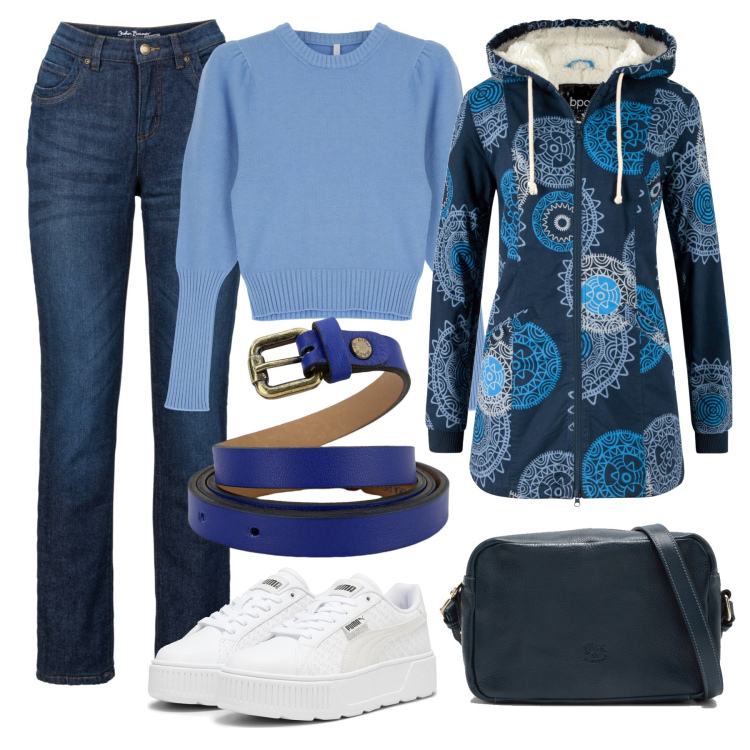 Outfit donna - Total look #1799225. Stile Minimal per Tutti i giorni. Abbinamento con parka, jeans dritti, pullovers, cinture, borse a tracolla, sneakers.