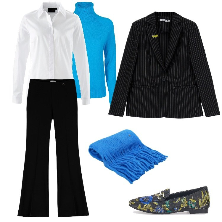 Outfit donna - Total look #1799231-Gennaio. Stile Trendy per Ufficio. Abbinamento con camicie, maglieria, cappotti, pantaloni, sciarpe, mocassini.