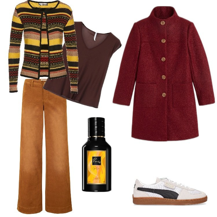 Outfit donna - Total look #1799256-Gennaio. Stile Boho per Tutti i giorni. Abbinamento con pantaloni, cardigans, cappotti, profumi, canottiere, sneakers.