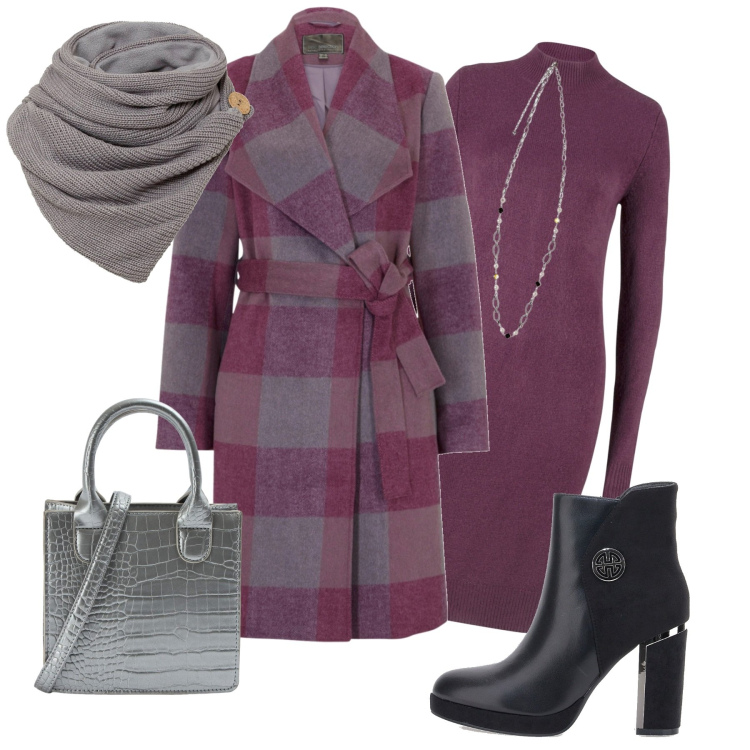 Outfit donna - City. Stile Basic per Tutti i giorni. Abbinamento con foulard, vestiti, cappotti, shopping bag, collane, stivali sopra il ginocchio.