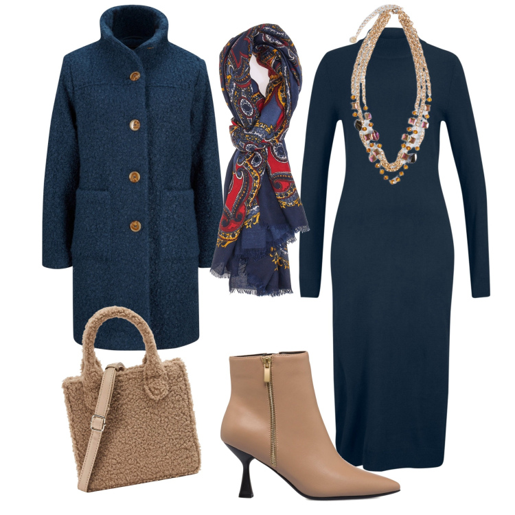 Outfit donna - In ufficio in blu. Stile Trendy per Ufficio. Abbinamento con vestiti, cappotti, shopping bag, stivaletti, collane, sciarpe.