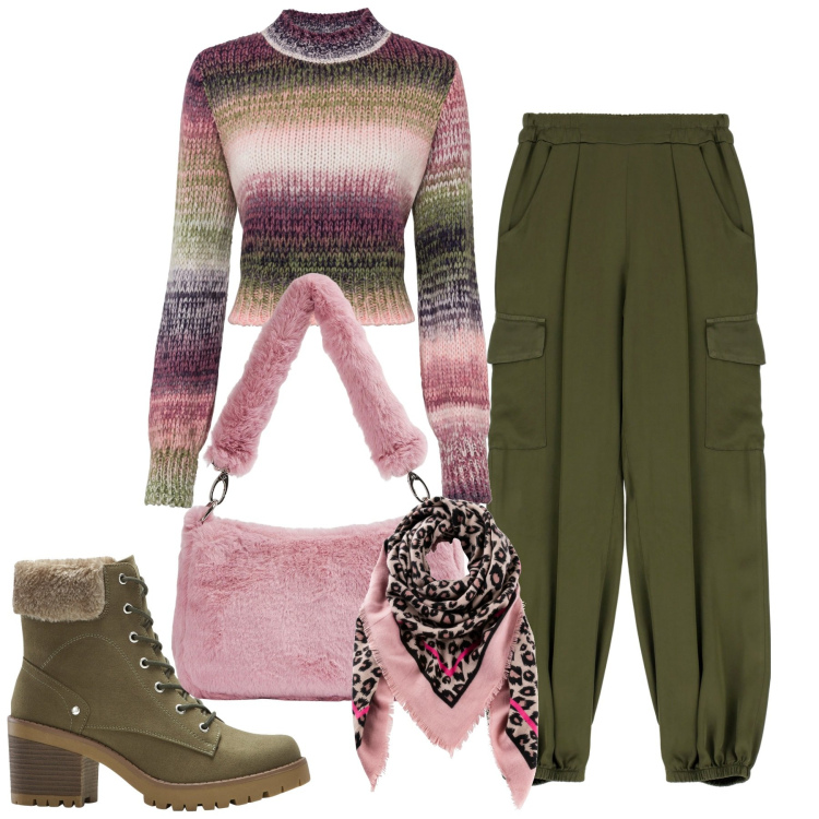 Outfit donna - City. Stile Casual per Tutti i giorni. Abbinamento con foulard, stivaletti, maglieria, borse a spalla, pantaloni.
