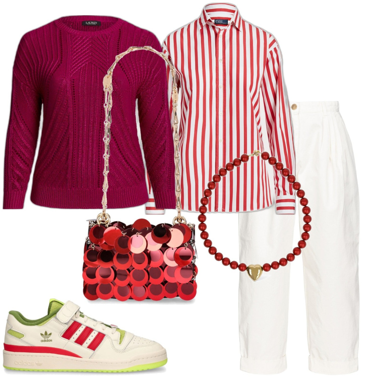 Outfit donna - Casual. Stile Casual per Tutti i giorni. Abbinamento con pantaloni, camicie, maglieria, sneakers, collane, borse a spalla.