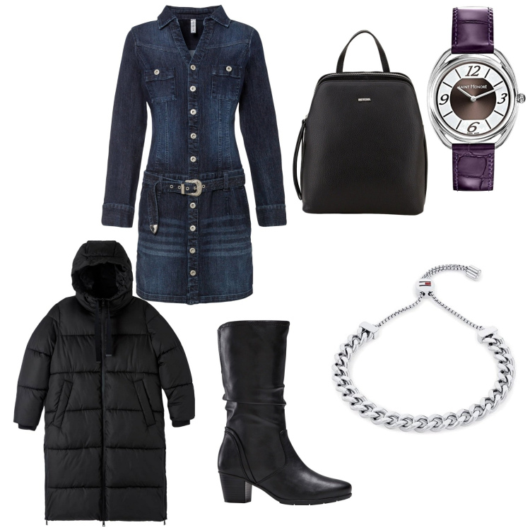 Outfit donna - Sportiva. Stile Urban Abbinamento con vestiti, stivali, piumini, zaini, braccialetti, orologi analogici.