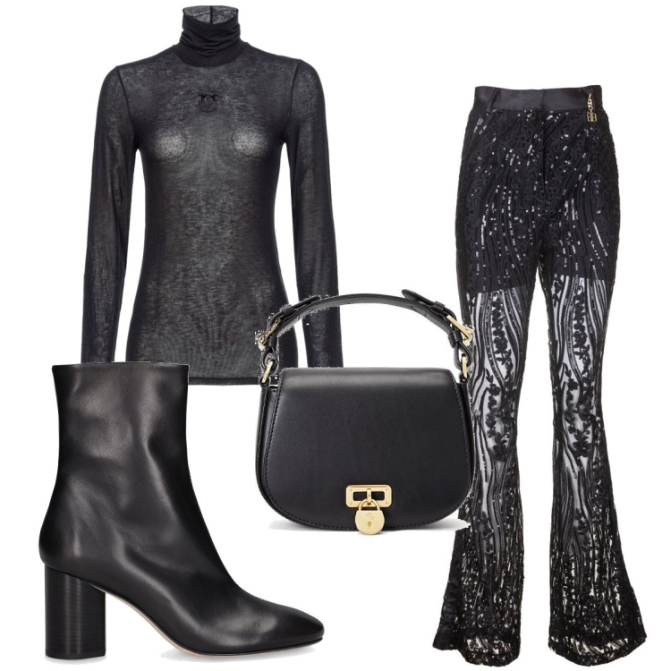 Outfit donna - Total look #1799304. Stile 70s per Serata fuori. Abbinamento con maglieria, pantaloni a palazzo, borse a tracolla, stivaletti.