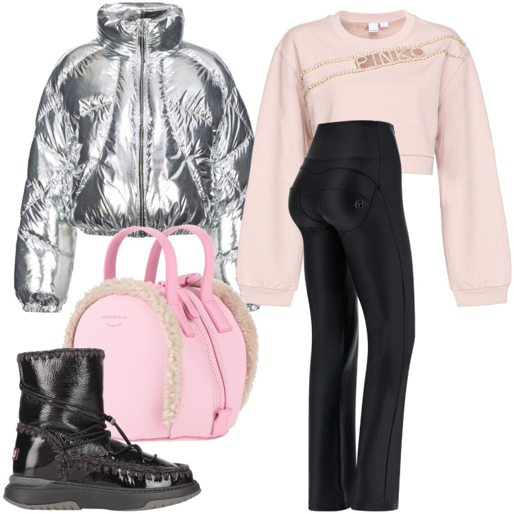 Outfit donna - Freddo glaciale. Stile Sporty chic per Tutti i giorni. Abbinamento con zaini, stivaletti, piumini, felpe, pantaloni.