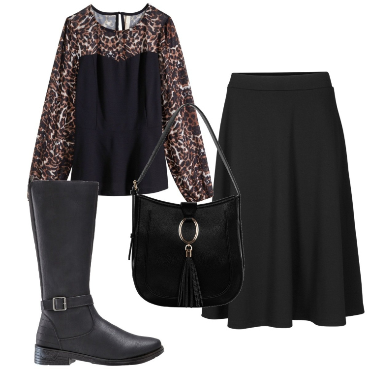 Outfit donna - Total look #1799325. Stile Trendy per Tutti i giorni. Abbinamento con gonne longuette, stivali, maglieria, borse a spalla.