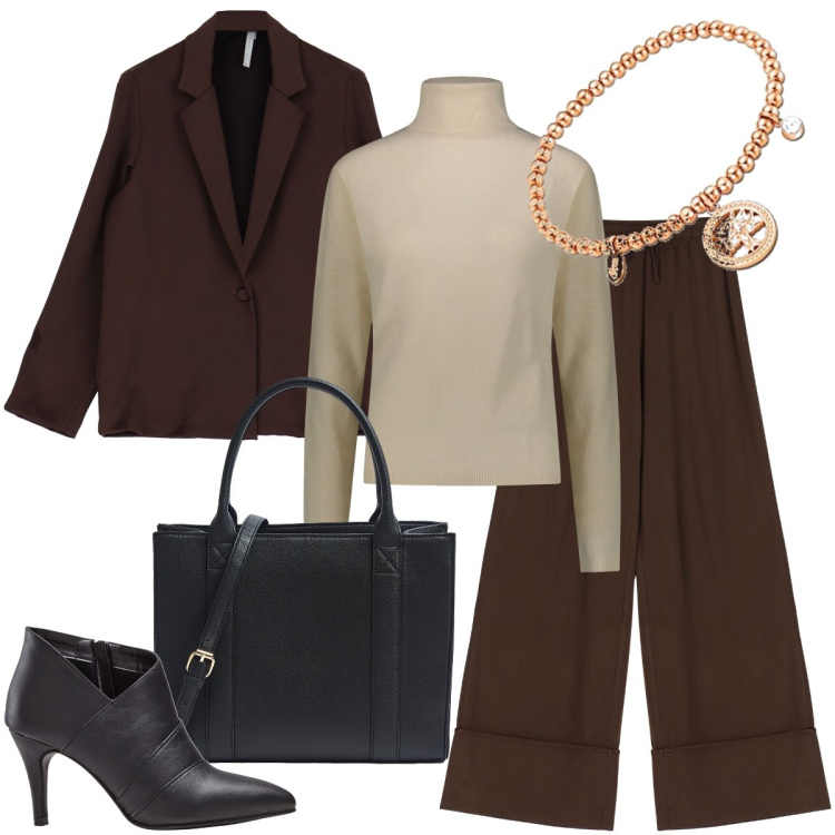 Outfit donna - Oggi in ufficio. Stile Bon Ton per Ufficio. Abbinamento con stivaletti, shopping bag, giacche, pantaloni a palazzo, pullovers, braccialetti.