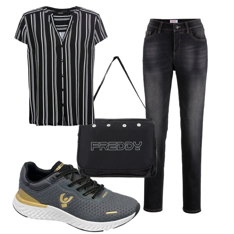 Outfit donna - Total look #1799335. Stile Basic per Tutti i giorni. Abbinamento con jeans boyfriend, camicie a manica corta, borse messenger, sneakers.