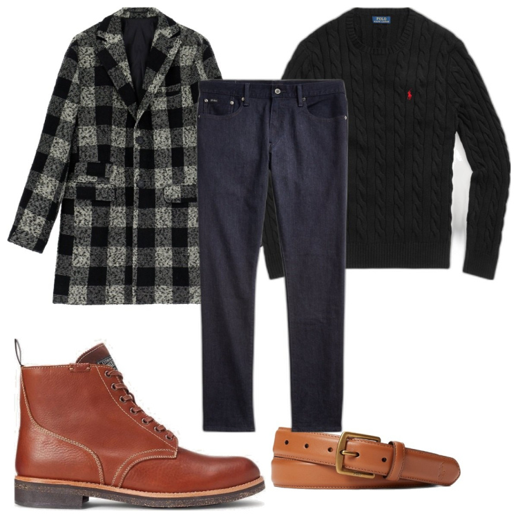 Outfit uomo - Total look #1799382. Stile Casual per Tutti i giorni. Abbinamento con cappotti, jeans, stivali, cinture, maglieria.