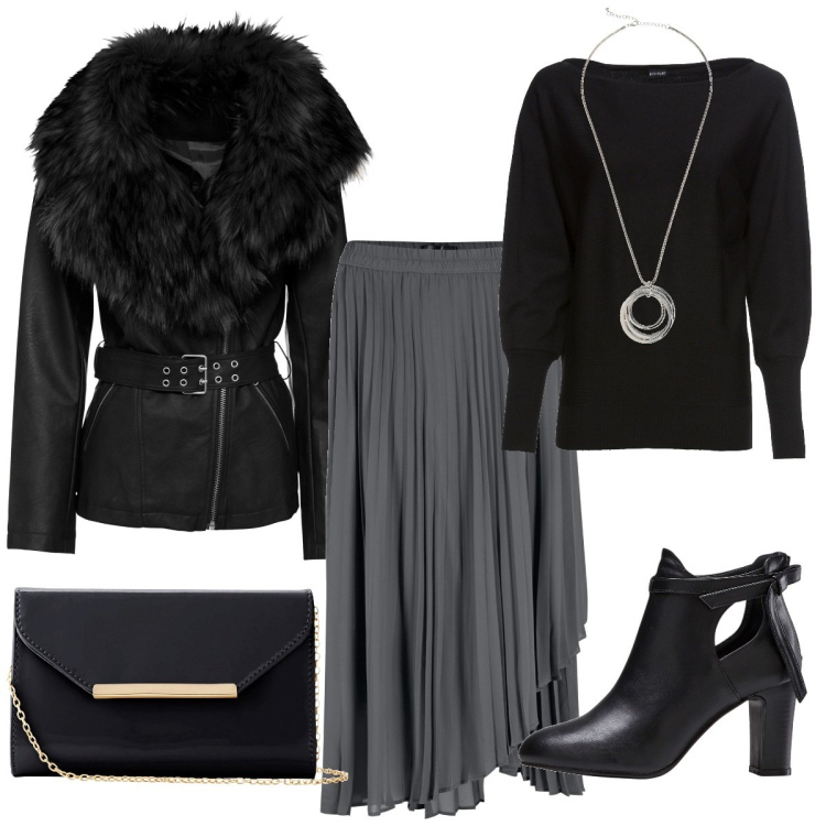 Outfit donna - A cena fuori. Stile Trendy per Serata fuori. Abbinamento con stivaletti, maglieria, gonne, blazer, collane, pochette.
