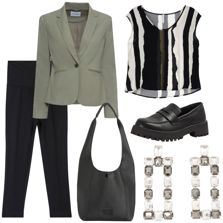 Outfit donna - Gennaio. Stile Urban per Ufficio. Abbinamento con blazer, leggings, mocassini, canottiere, borse a spalla, orecchini.