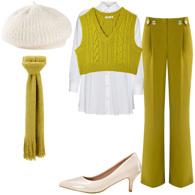 Outfit donna - Pantalone verde olio. Stile Casual chic per Tutti i giorni. Abbinamento con décolleté, camicie, cappelli e berretti, maglieria, pantaloni a palazzo, sciarpe.
