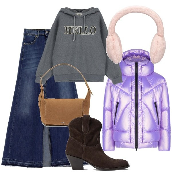 Outfit donna - Total look #1799417. Stile Urban per Serata fuori. Abbinamento con blazer, stivaletti, gonne lunghe, felpe con cappuccio, cappelli, borse a spalla.