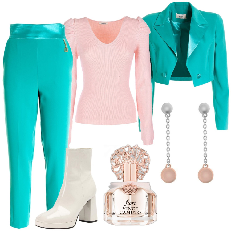 Outfit donna - Total look #1799422. Stile Chic per Tutti i giorni. Abbinamento con profumi, stivaletti, blazer, pantaloni, maglieria, orecchini.