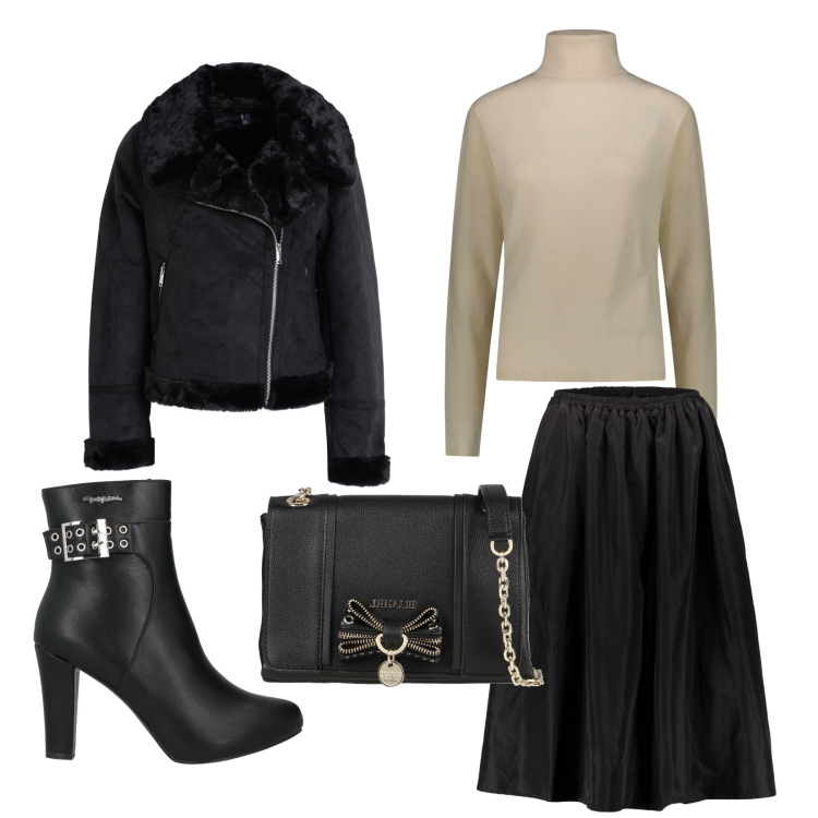 Outfit donna - Serata easy. Stile Casual chic per Serata fuori. Abbinamento con cappotti, borse a tracolla, stivaletti, gonne lunghe, pullovers.