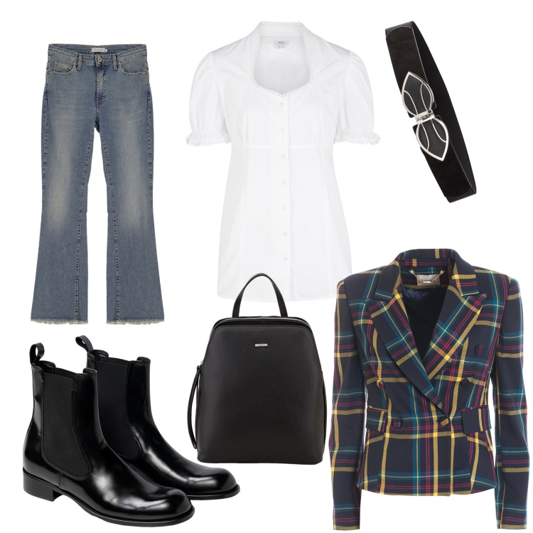 Outfit donna - One. Stile Casual per Tutti i giorni. Abbinamento con cinture, camicie, jeans dritti, blazer, zaini, stivaletti chelsea.