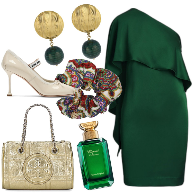 Outfit donna - Chic. Stile Chic per Serata fuori. Abbinamento con profumi, vestiti asimmetrici, décolleté, orecchini, accessori per capelli, borse a mano.