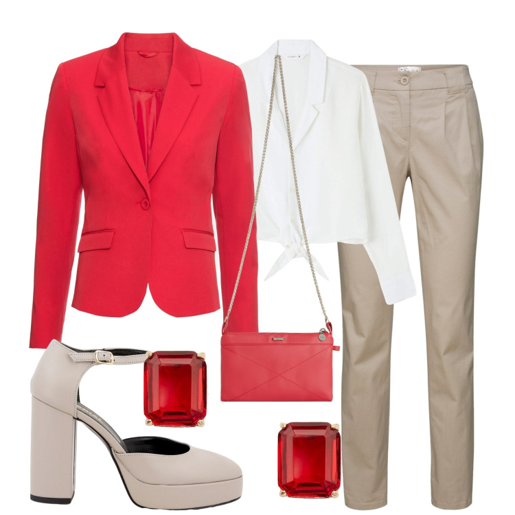 Outfit donna - La combo rosso e beige. Stile Casual chic per Tutti i giorni. Abbinamento con pantaloni chino, blazer, camicie, décolleté, clutch, orecchini.