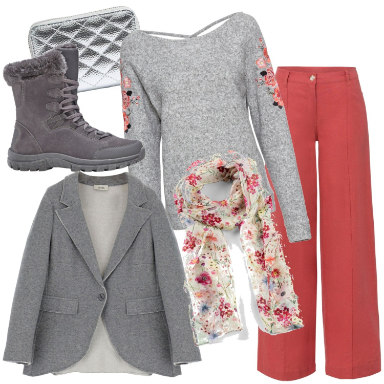 Outfit donna - In giacca casual. Stile Casual per Tutti i giorni. Abbinamento con pantaloni a palazzo, foulard, stivaletti, maglieria, portafogli, cappotti.