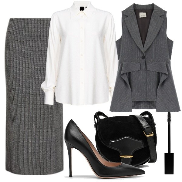 Outfit donna - La giacca smanicata. Stile Chic per Ufficio. Abbinamento con mascara, camicie, gilet, gonne, décolleté, borse a tracolla.